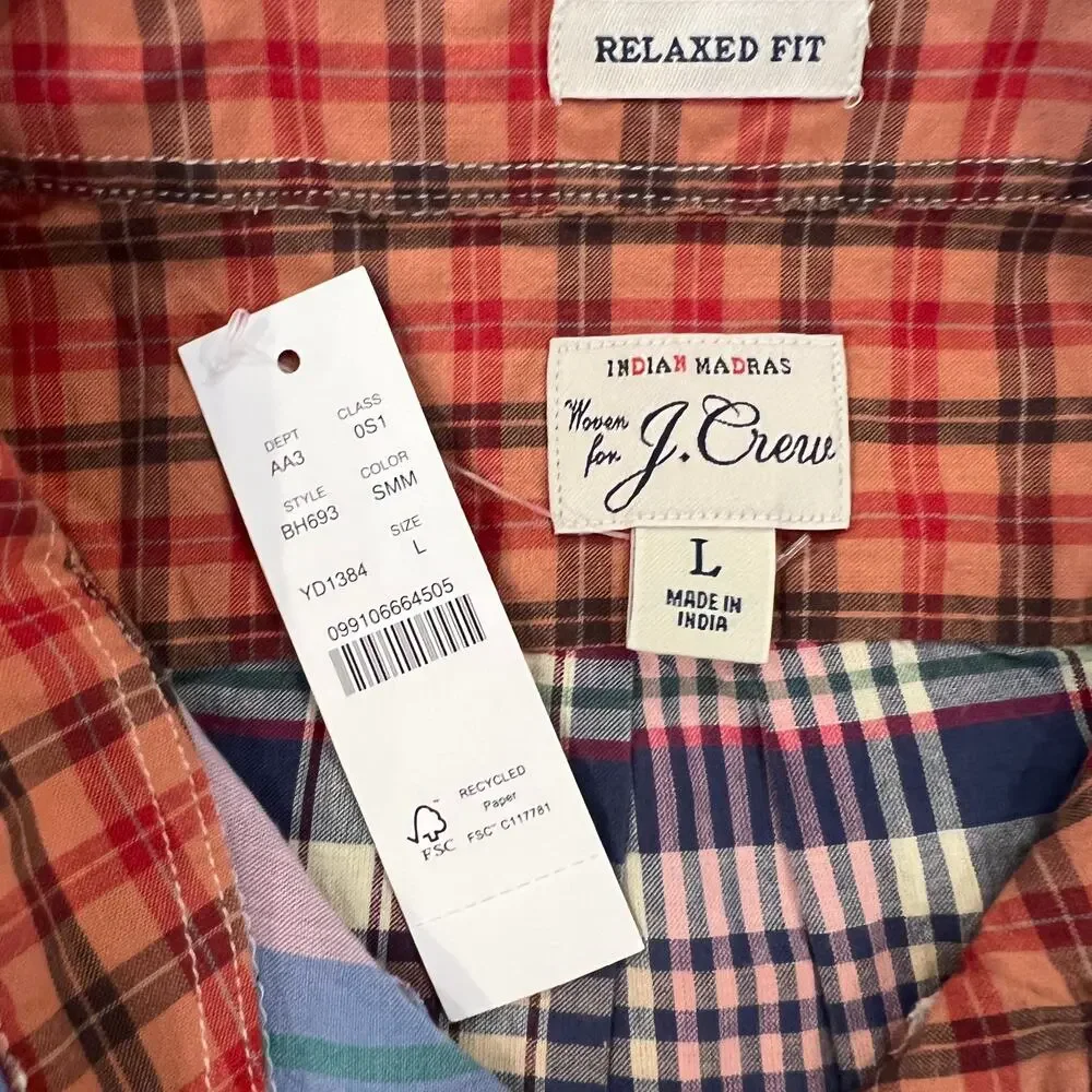 NWT J. Crew Men's Colorful Mixed Plaid Relaxed Indian Madras Shirt
